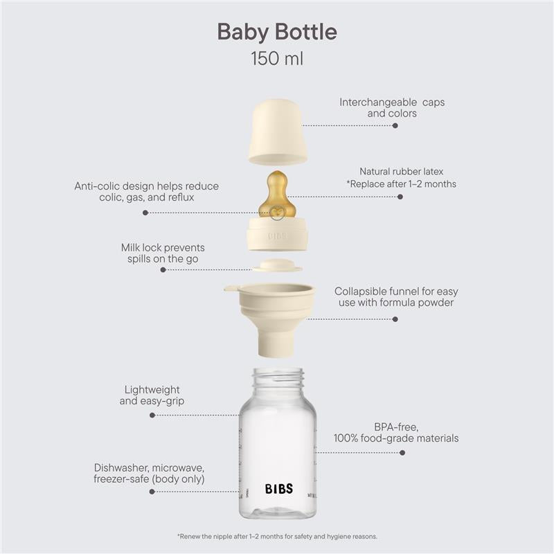BIBS baby bottle, 150ml, sage color with natural rubber latex nipple, featuring anti-colic design and lightweight, easy-grip structure.