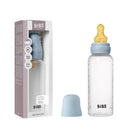 Bibs baby plastic bottle with latex nipple, 270ml, in baby blue color, displayed alongside its packaging.