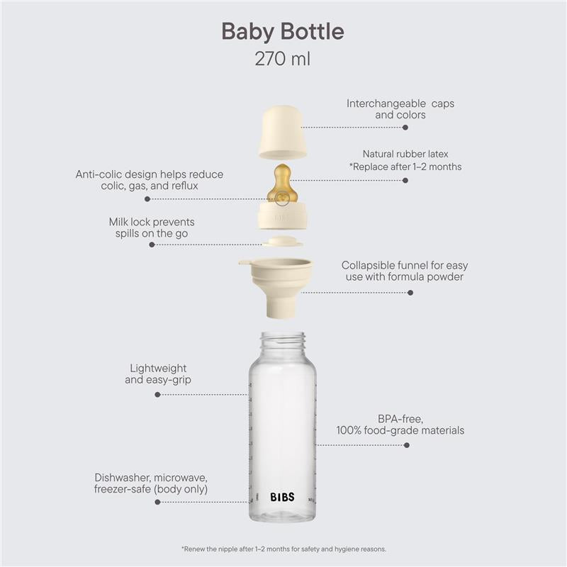 Baby blue plastic bottle with latex nipple, 270ml, features anti-colic design, collapsible funnel, and is BPA-free.