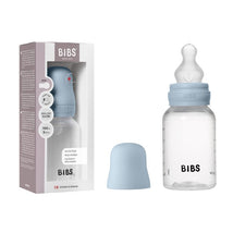 Baby blue plastic bottle with silicone nipple, 150ml capacity, includes a protective cap and packaging detailing anti-colic design.
