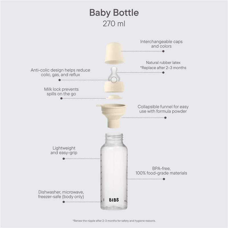 Baby bottle with silicone nipple, 270 ml, featuring anti-colic design and interchangeable caps. BPA-free and dishwasher safe.