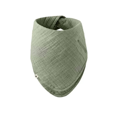 Sage green bandana bib made of soft fabric, designed for infants to catch drool and food spills.
