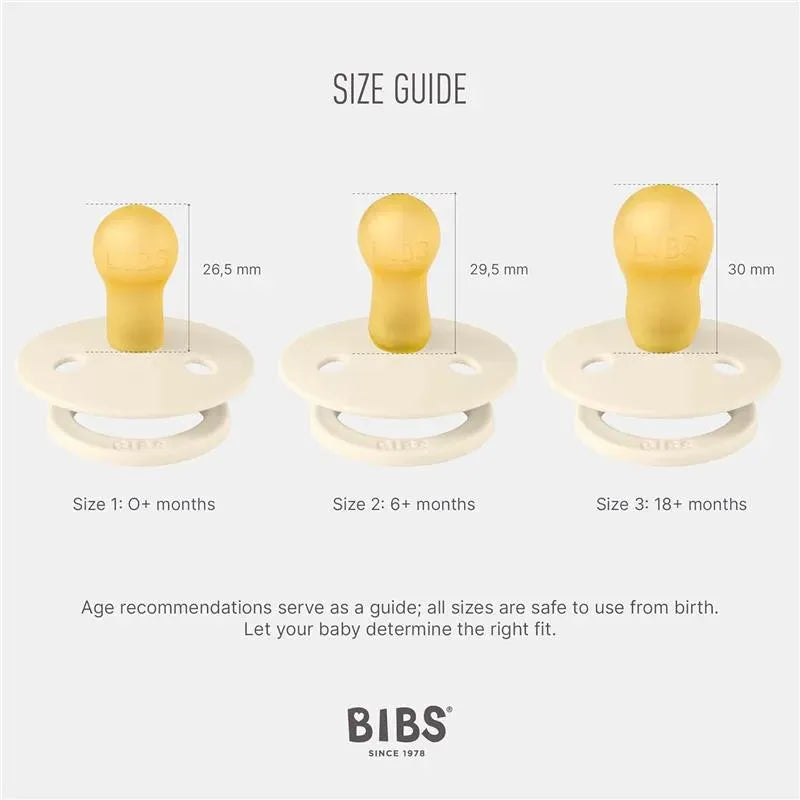 Size guide for Bibs pacifiers, showing three sizes with measurements: Size 1 (0+ months), Size 2 (6+ months), Size 3 (18+ months).