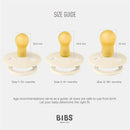Size guide for Bibs pacifiers, showing three sizes with measurements: Size 1 (0+ months), Size 2 (6+ months), Size 3 (18+ months).