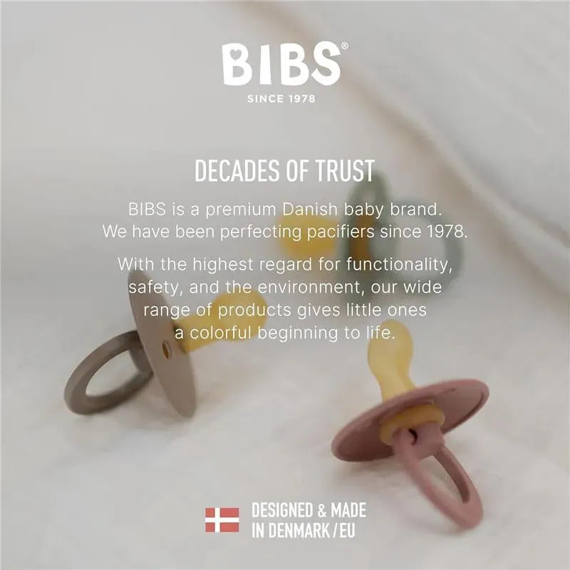 Two BIBS pacifiers in Dusty Blue and Steel Blue colors lying on a light background, showcasing their ergonomic design and functionality.