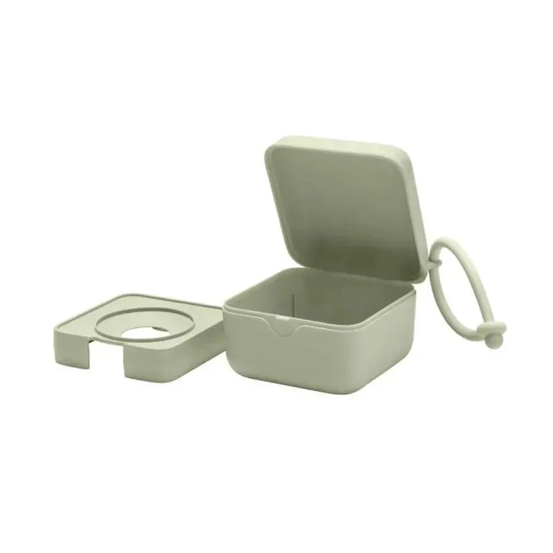 BIBS pacifier box in sage green, featuring an open lid and circular base for pacifier storage.