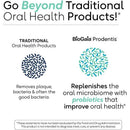 Biogaia Prodentis Baby Drops graphic contrasting traditional oral health products with probiotics, emphasizing benefits for oral microbiome.