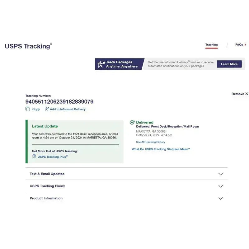 Track your package with USPS; shows delivery status and tracking number for an item delivered on October 24, 2024.
