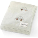 100% luxury cotton receiving swaddle baby blanket in cream with car patterns and a visible Bleu La La label.