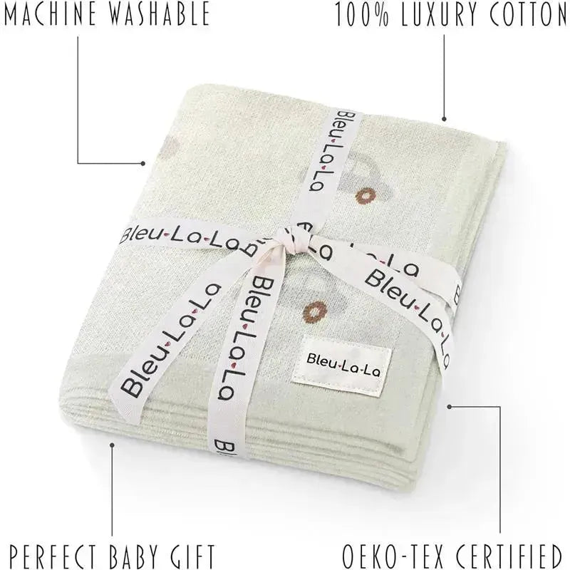 100% luxury cotton baby blanket by Bleu La La, featuring a cream cars design, machine washable, and Oeko-Tex certified.