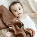 Baby boy wearing a white tank top, resting with a mushroom-patterned brown swaddle blanket on a cozy, knitted blanket.