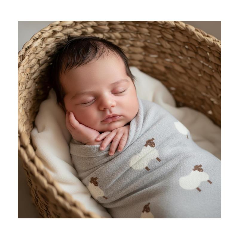 Luxury cotton swaddle blanket in sheep ivory pattern, with a sleeping baby nestled in a wicker basket.