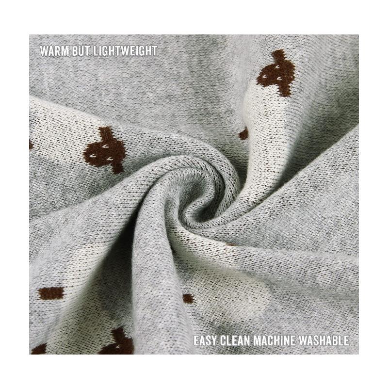 Luxury cotton swaddle blanket in gray, featuring sheep patterns, described as warm yet lightweight and machine washable.