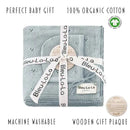 100% organic cotton baby blanket and bonnet hat set in blue, wrapped with a decorative ribbon and includes a wooden gift plaque.