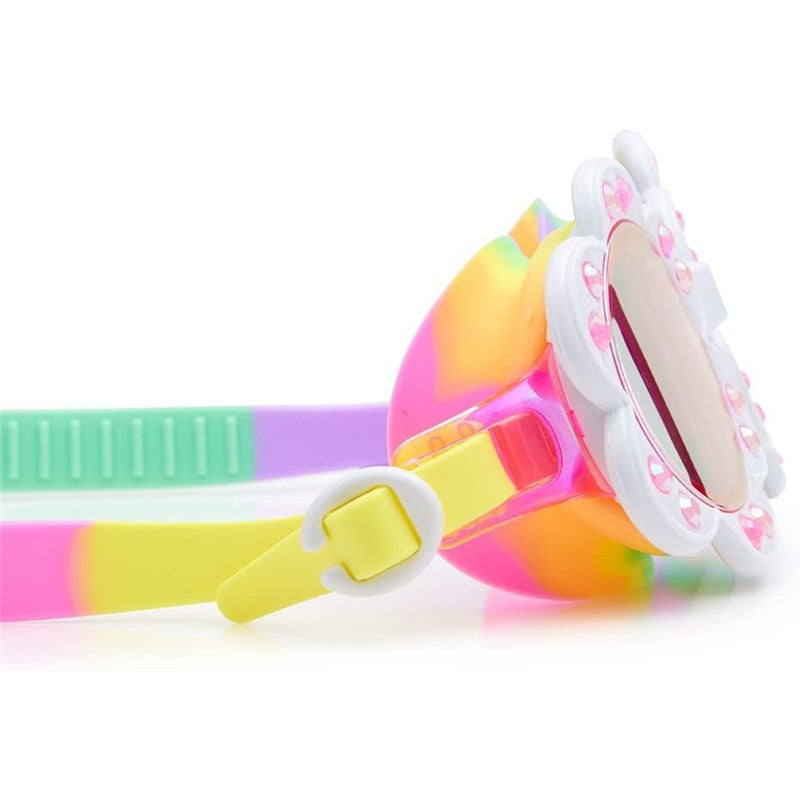 Bling 2O Sunlit Sherry Swim Goggles in a vibrant multi-color design with a flower-shaped frame and adjustable strap.