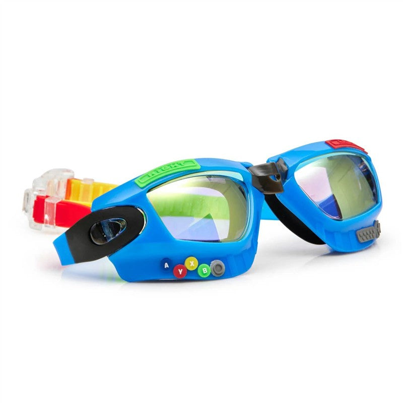 Blue swim goggles designed for kids, featuring game controller buttons, adjustable straps, and tinted lenses.