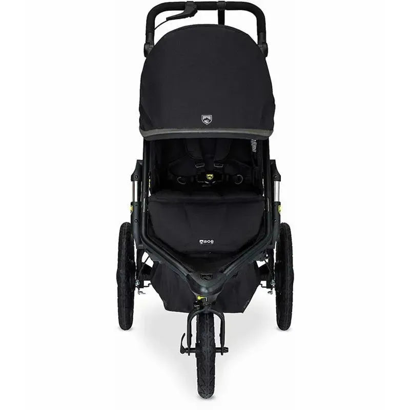 All-weather black jogging stroller designed for outdoor use, featuring a large canopy and rugged wheels.