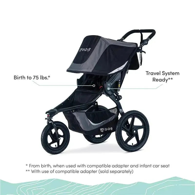 Britax BOB Gear Revolution Flex 3.0 Jogging Stroller in Graphite Black, suitable from birth to 75 lbs, shown with key features labeled.