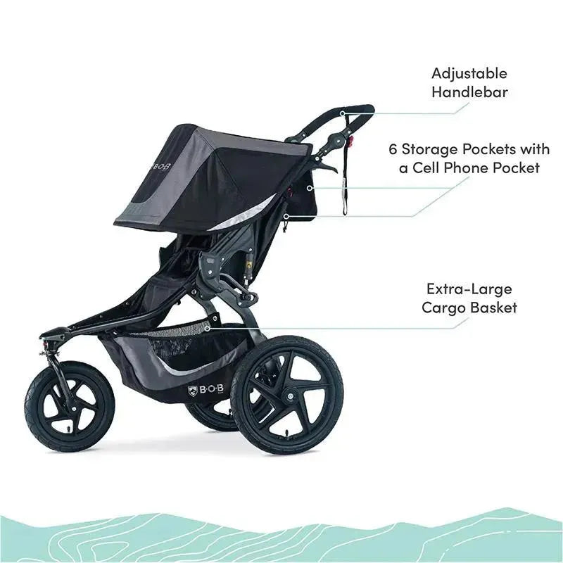 Britax BOB Gear Revolution Flex 3.0 Jogging Stroller in Graphite Black with adjustable handlebar, 6 storage pockets, and extra-large cargo basket.