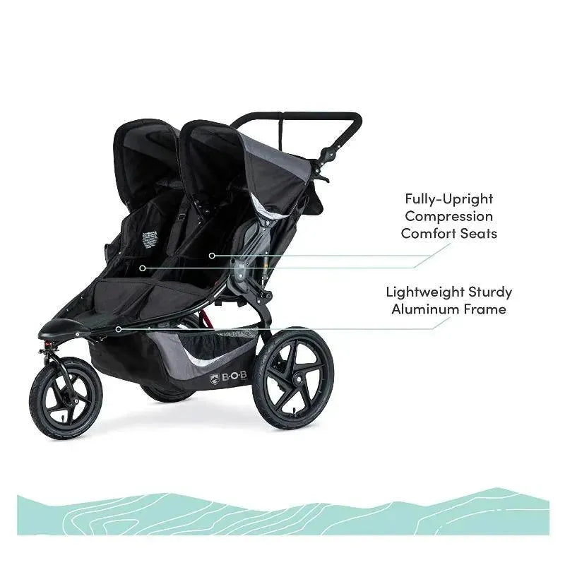 BOB Jogging Stroller Double in black featuring fully-upright compression comfort seats and a lightweight aluminum frame.