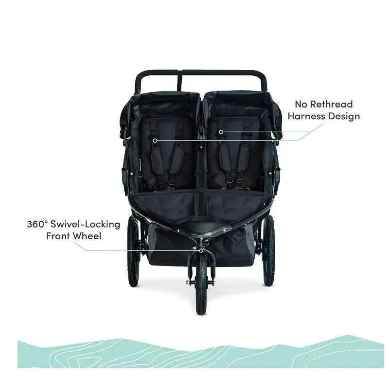 Black double jogging stroller with 360° swivel-locking front wheel and no rethread harness design.