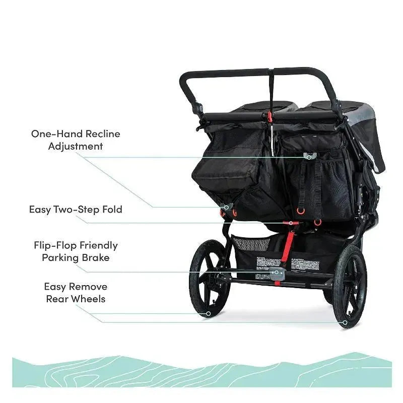 Double jogging stroller in black with features like one-hand recline, easy two-step fold, and flip-flop friendly brake.