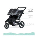 BOB Jogging Stroller Double in black featuring extra-large UPF 50+ canopies, air-filled tires, and a suspension system.