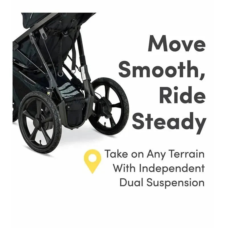 BOB Wayfinder Jogging Stroller in Storm color with independent dual suspension, emphasizes smooth rides on any terrain.