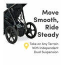 BOB Wayfinder Jogging Stroller in Storm color with independent dual suspension, emphasizes smooth rides on any terrain.