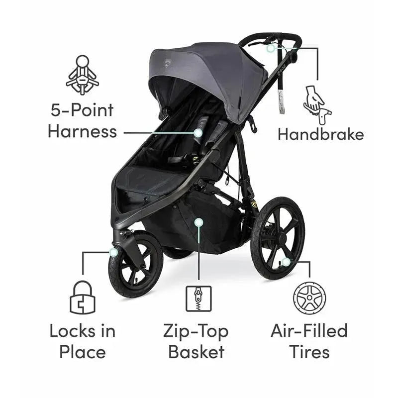 Wayfinder Jogging Stroller in Storm color, featuring a 5-point harness, handbrake, zip-top basket, and air-filled tires.
