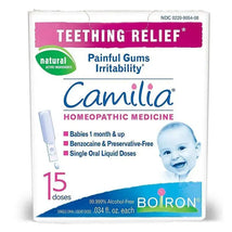 Boiron Camilia homeopathic medicine for teething relief, 15 doses for babies, featuring natural ingredients and alcohol-free formula.