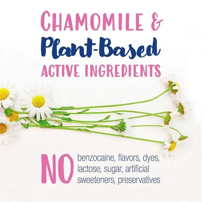 Camilia Teething Relief overview featuring chamomile and plant-based active ingredients with a list of exclusions.