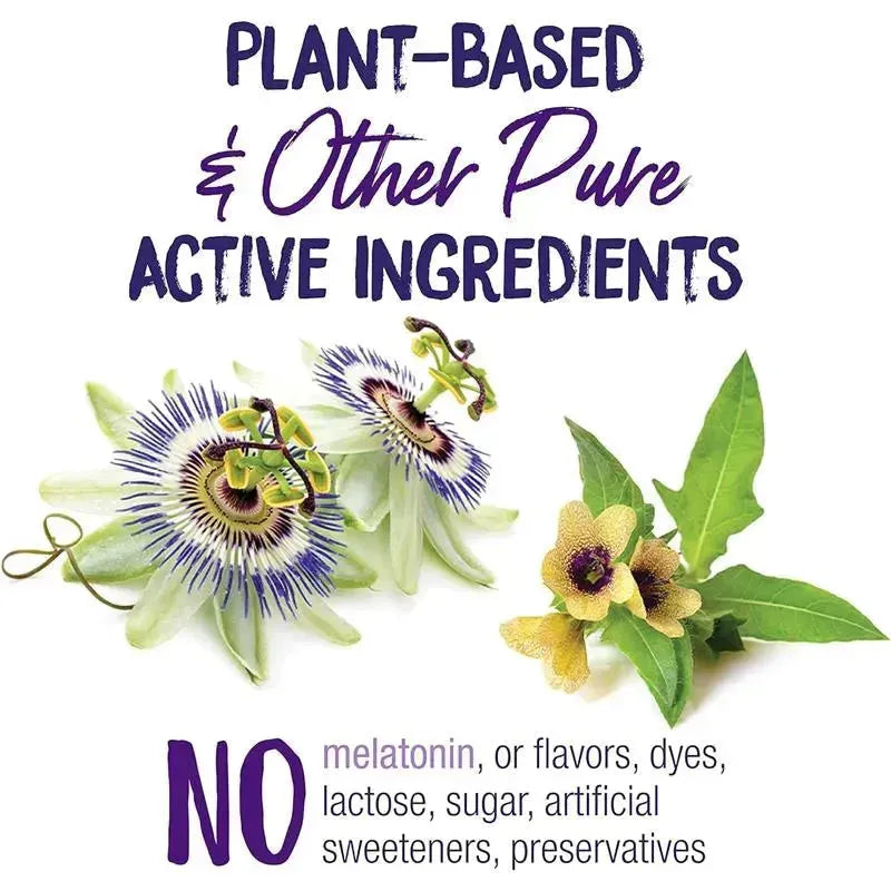 Plant-based active ingredients with flowers; highlights no melatonin, lactose, or artificial additives.