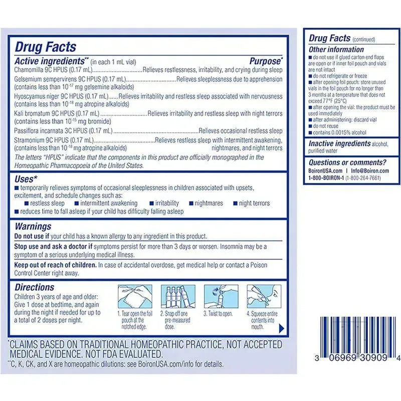 Boiron SleepCalm Kids Liquid Doses, 15 count, for relieving occasional sleeplessness in children; includes dosage instructions and ingredients.