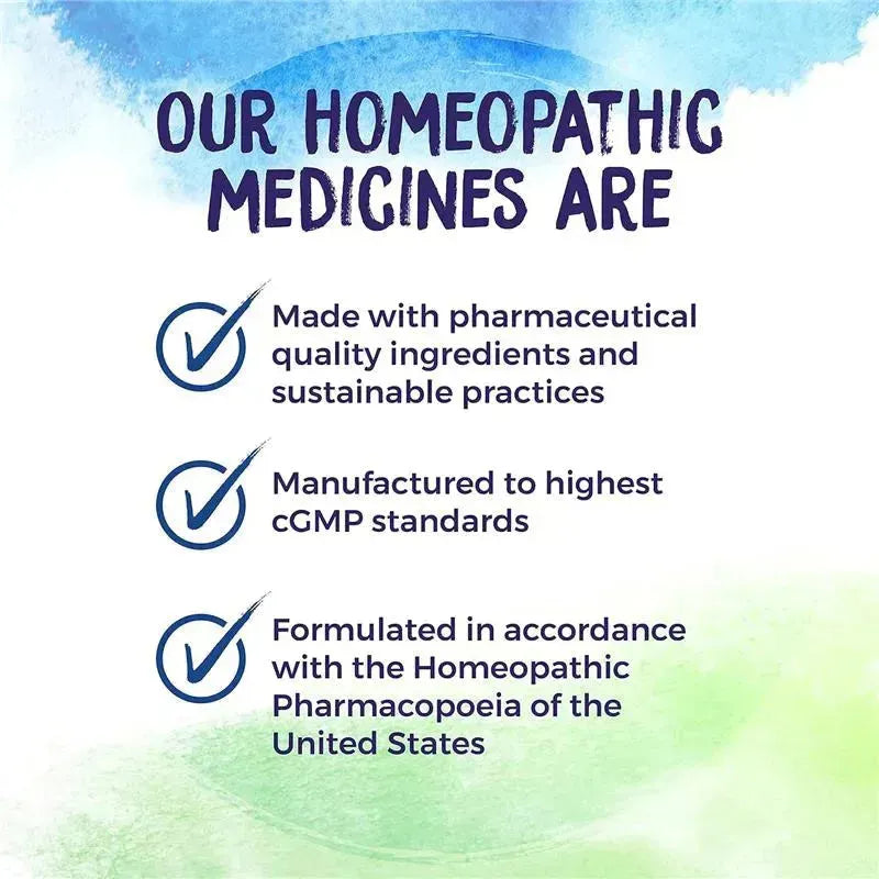 Homeopathic medicine benefits: uses pharmaceutical quality ingredients, meets cGMP standards, follows the Homeopathic Pharmacopoeia.