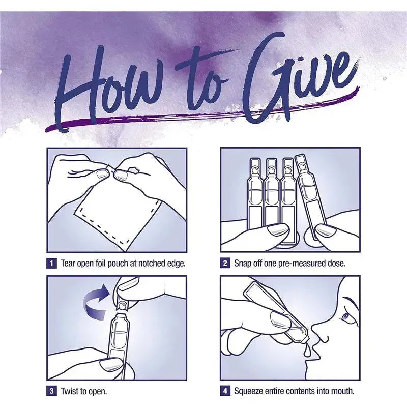 Instructions for administering Boiron SleepCalm Kids Liquid Doses, showing steps to open and give the liquid.