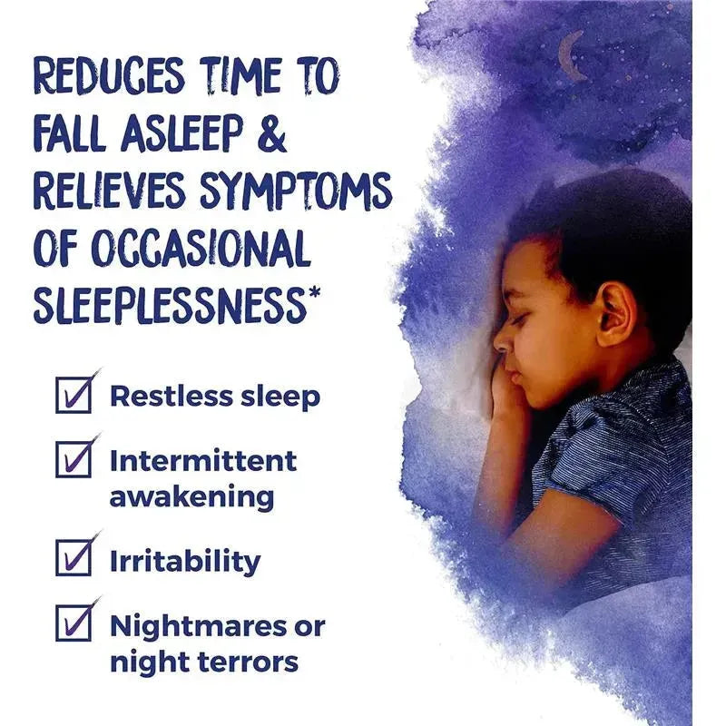 Boiron SleepCalm Kids Liquid Doses, 15 count, promotes restful sleep, listing symptoms like restless sleep and irritability.