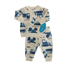Blue truck-themed toddler outfit set featuring a long-sleeve top and matching pants, both with playful vehicle designs.