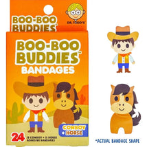 Boo Boo Buddies adhesive bandages featuring a cowboy and horse design, includes 24 bandages (12 each).