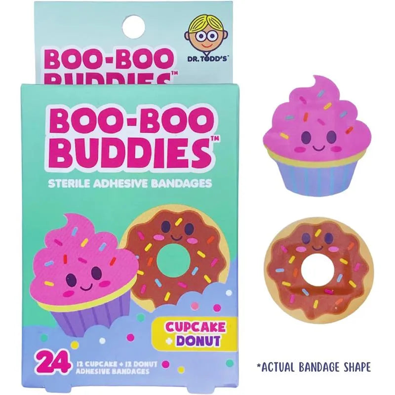Boo Boo Buddies adhesive bandages featuring cupcake and donut designs, with 24 bandages in total.