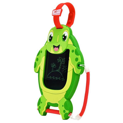 Boogie Board Kids Sketch Pals Doodle Board in the shape of Sandy the Sea Turtle, featuring a black drawing screen and attached stylus.