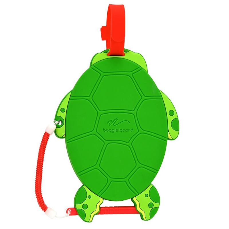 Green turtle-shaped portable doodle board with attached stylus, designed for kids to draw and erase easily.