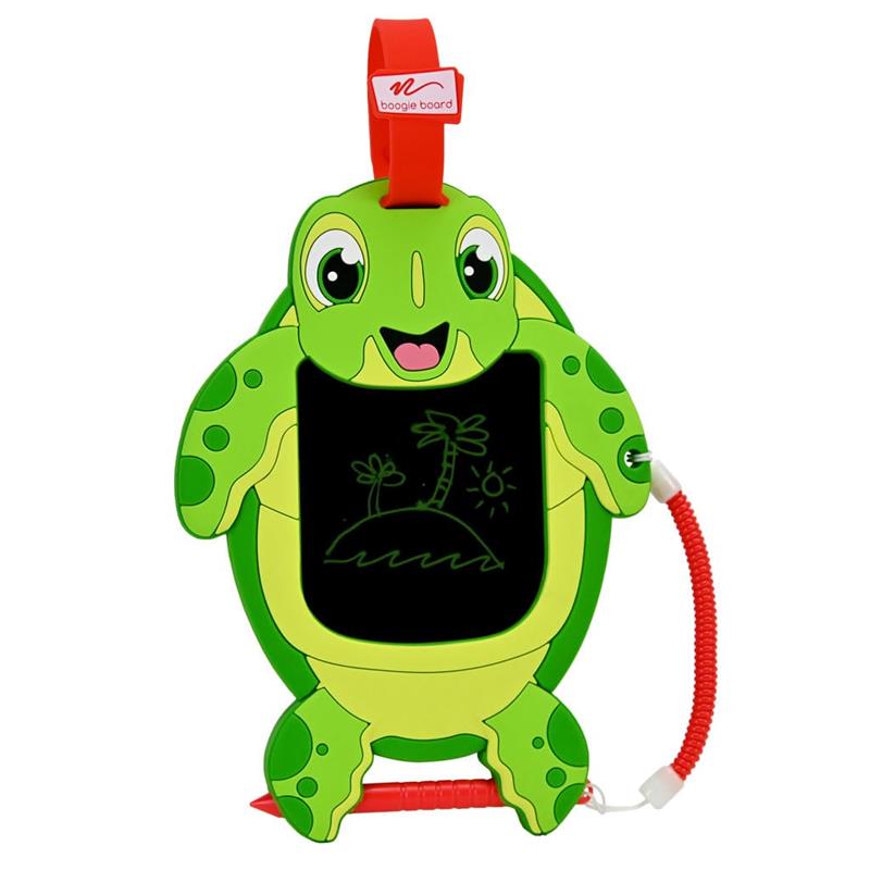 Portable green turtle-shaped doodle board with black screen, attached stylus, and beach scene drawing. Ideal for kids.