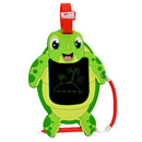 Portable green turtle-shaped doodle board with black screen, attached stylus, and beach scene drawing. Ideal for kids.
