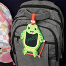 Kids sketch pad shaped like Sandy the Sea Turtle attached to a grey backpack, featuring a black drawing surface.