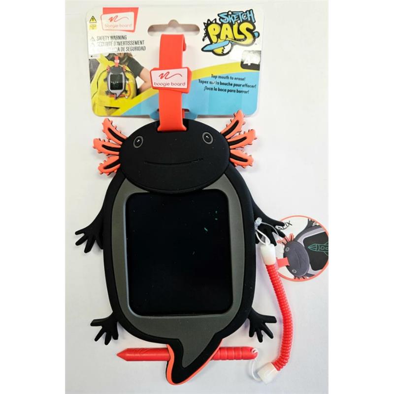 Boogie Board Sketch Pals in the shape of an axolotl, featuring a drawing surface, stylus, and colorful design for kids.