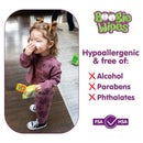 Child in a purple outfit holding a Boogie Wipes package while wiping their nose; text highlights hypoallergenic features.