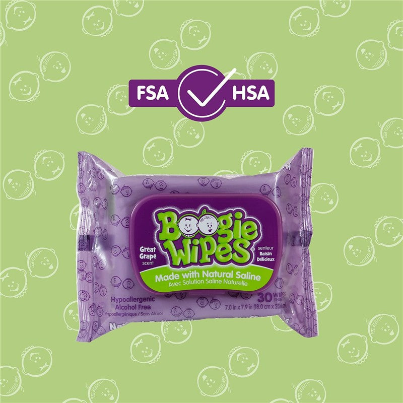 Boogie Wipes, 30 count saline nose wipes in grape scent, featuring a purple packaging with hypoallergenic and alcohol-free labels.