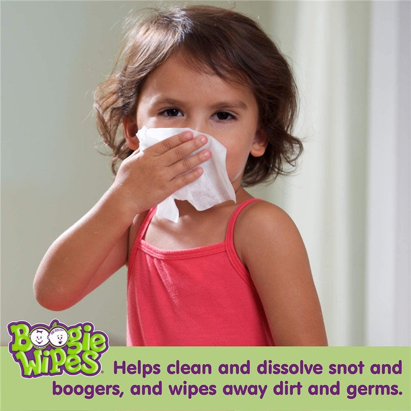 Child wiping their nose with a saline wipe, promoting Boogie Wipes for cleaning snot and dirt.