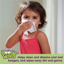 Child wiping their nose with a saline wipe, promoting Boogie Wipes for cleaning snot and dirt.